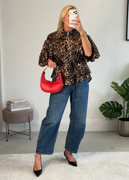 Leopard Balloon Sleeve Peplum Jacket