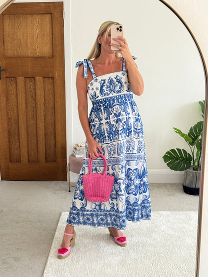 Blue Baroque Tie Strap Dress