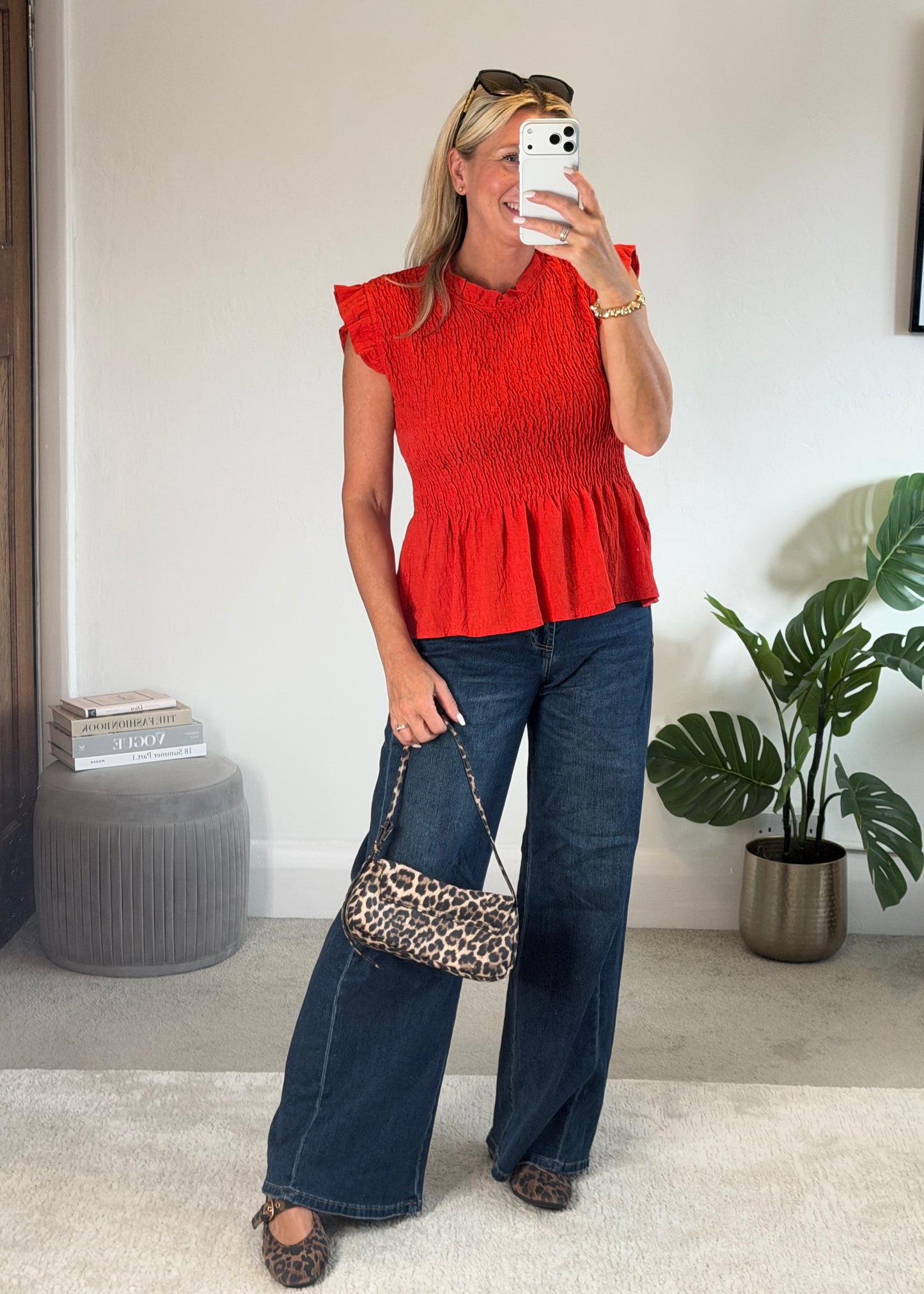 Red Smocked Peplum Top
