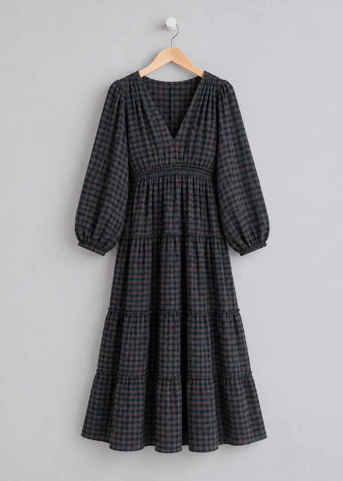 Navy Heritage Check V-Neck Tiered Dress
