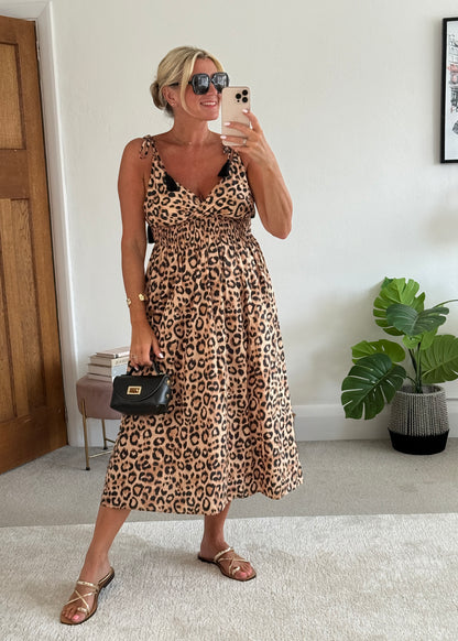 Leopard Tassel Tie Shoulder Midi Dress