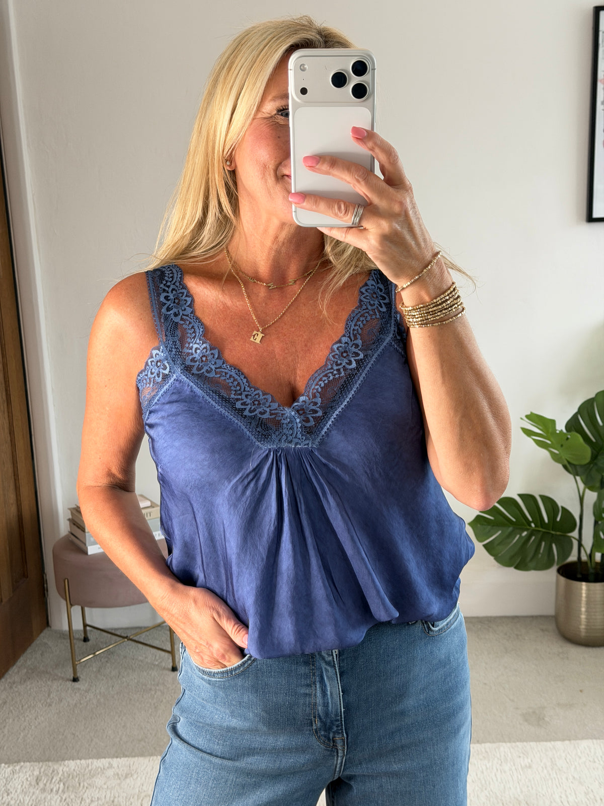 Navy Satin/Lace Cami Top