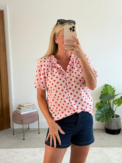 Red/Pink Polka Dot Frill Sleeve Blouse