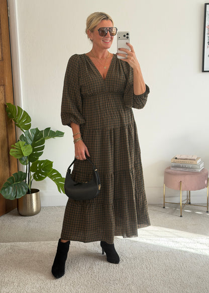 Khaki Heritage Check V-Neck Tiered Dress