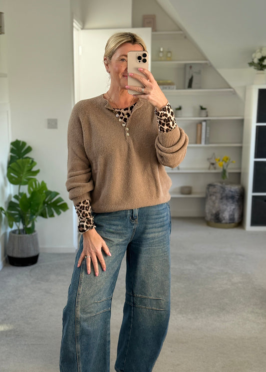 Stone Leopard Cashmere Blend Layering Top