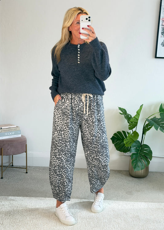 Grey Leopard Barrel Joggers
