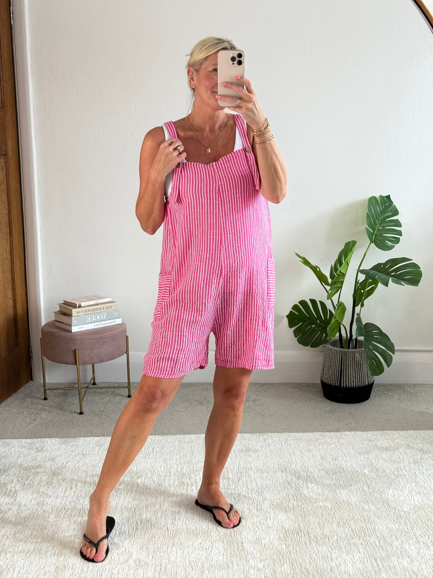 Hot Pink Stripe Dungaree Playsuit