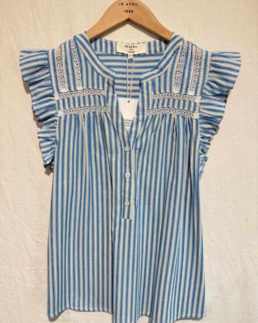 Blue/Cream Frill Sleeve Stripe Blouse