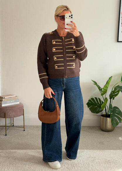 Chocolate Military Zip Front Knitted Cardi