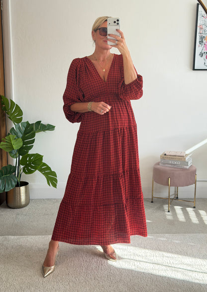 Red Heritage Check V-Neck Tiered Dress