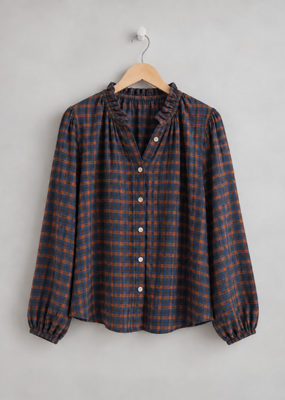Black Heritage Check Frill Collar Blouse