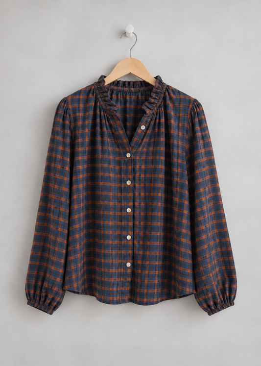 Navy Heritage Check Frill Collar Blouse
