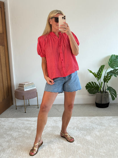 Red Gingham Puff Sleeve Blouse