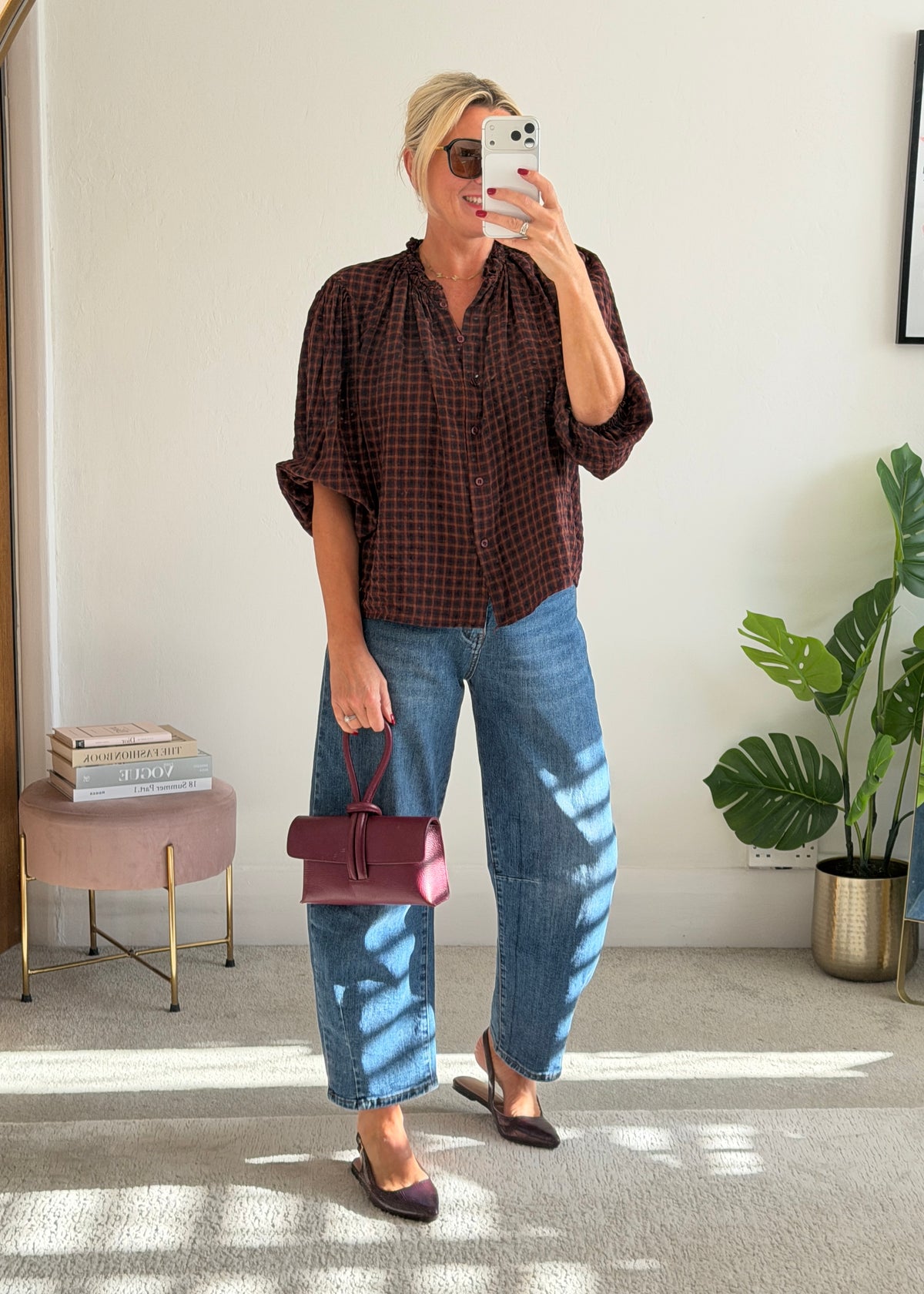Burgundy Heritage Check Frill Collar Blouse