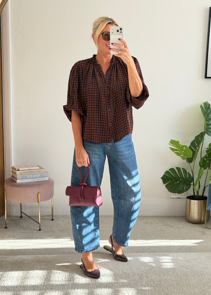 Burgundy Heritage Check Frill Collar Blouse