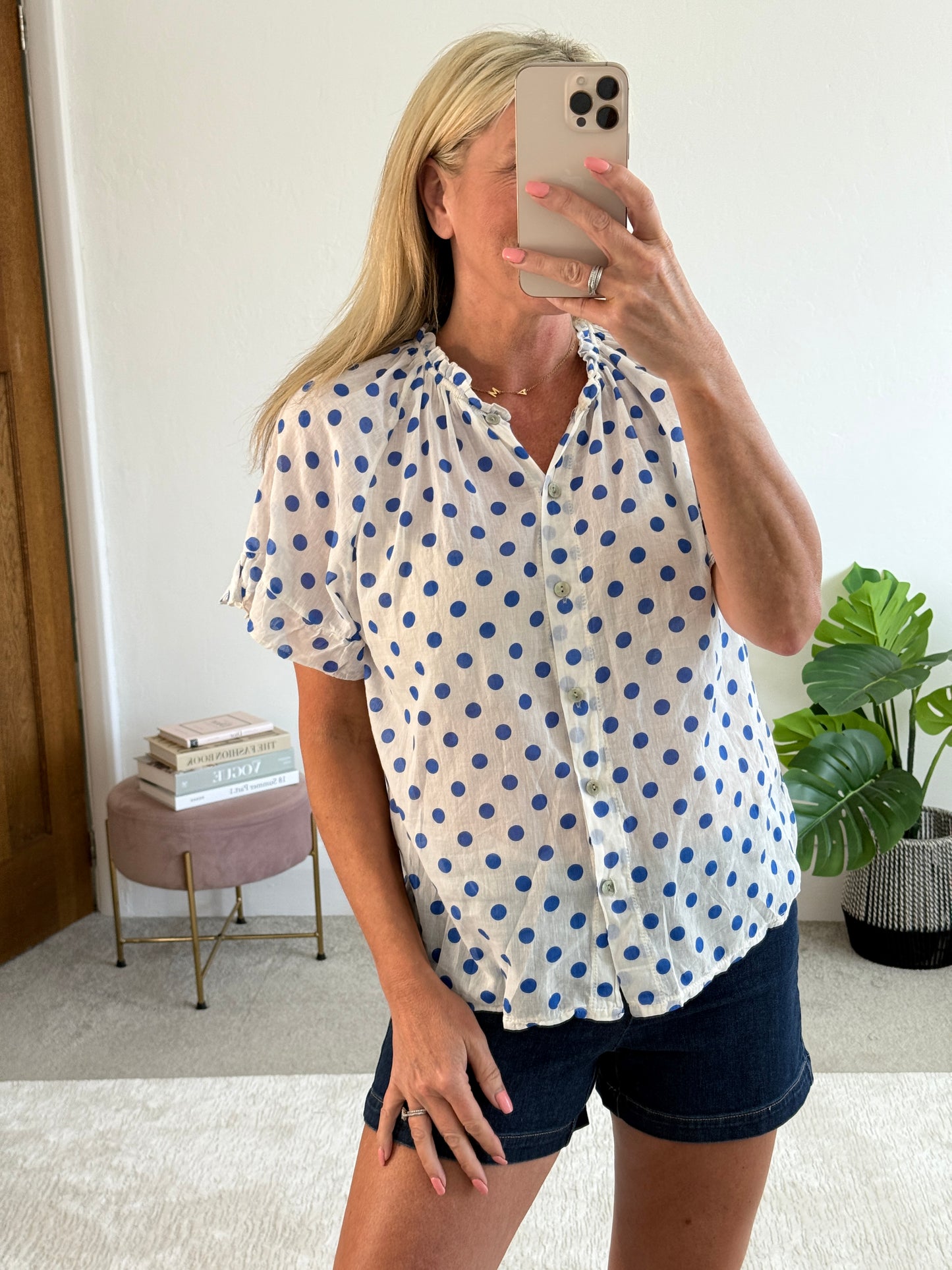 Royal Blue Polka Dot Frill Sleeve Blouse