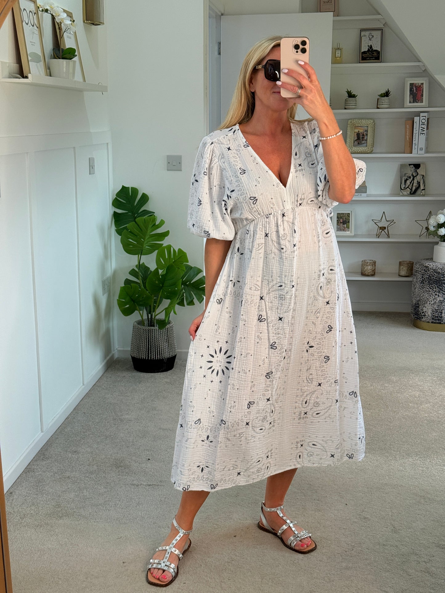 White Paisley Print Cheesecloth Midi Dress