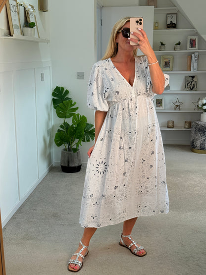 White Paisley Print Cheesecloth Midi Dress