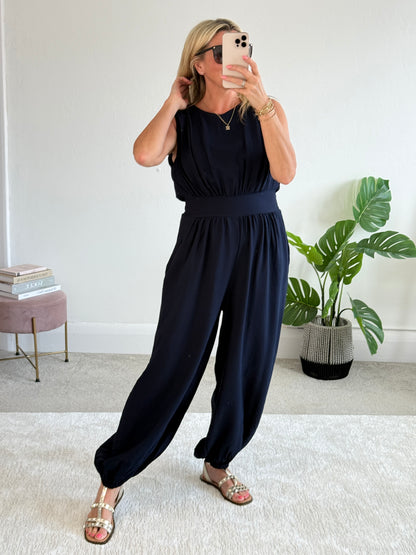 Navy Elasticated Sleeveless Harem Jumpsuit