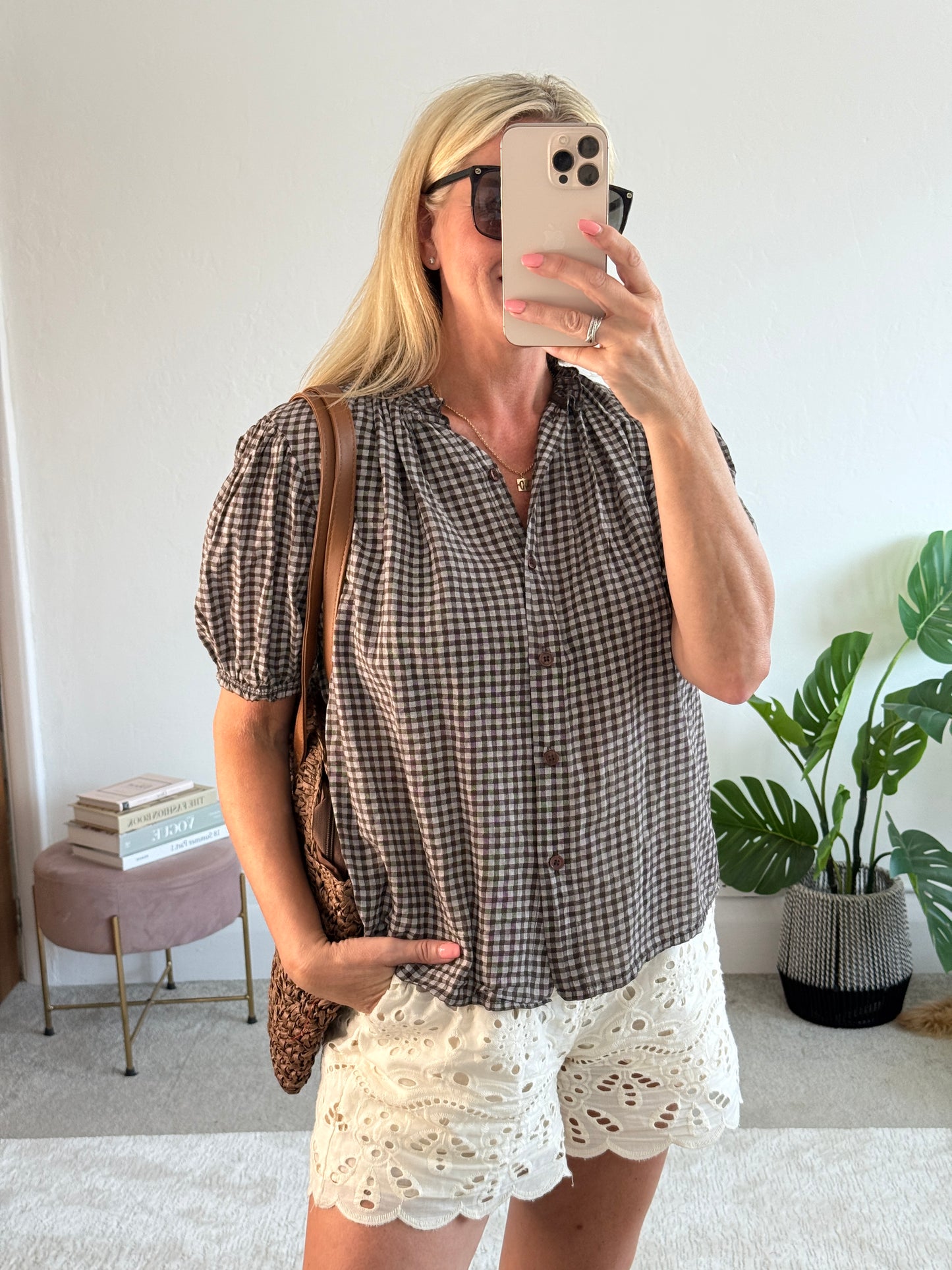 Chocolate Gingham Frill Sleeve Blouse