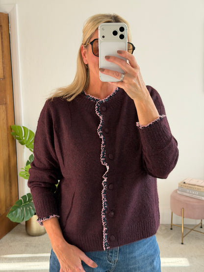 Plum/Pink Floral Frill Trim Cardigan