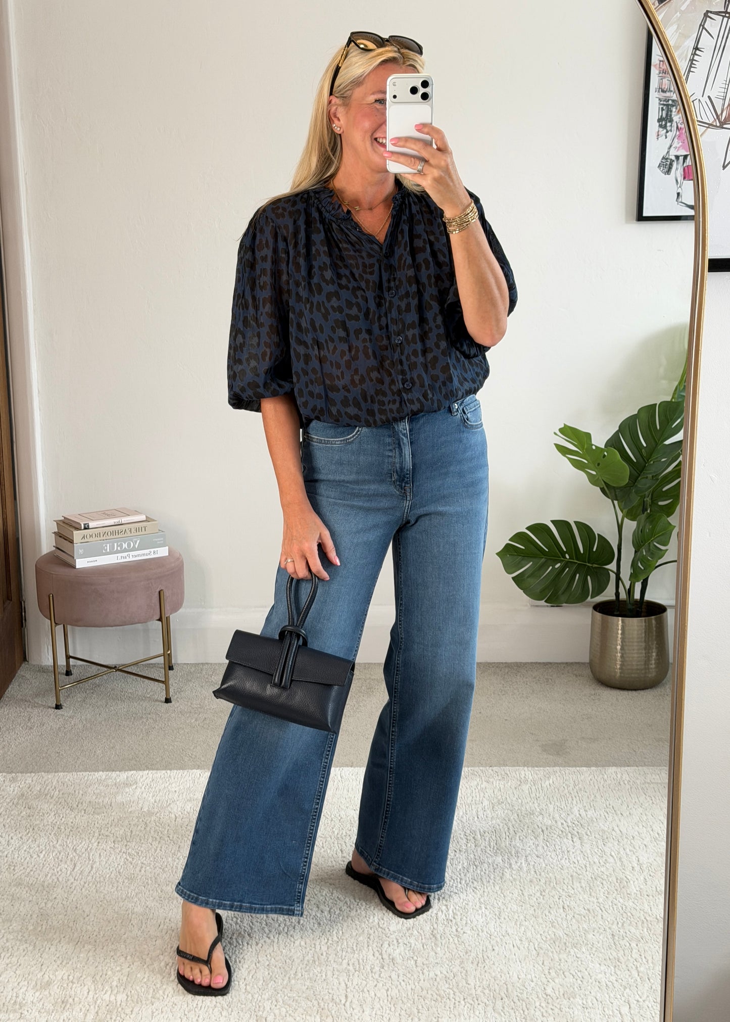 Navy Leopard 3/4 Puff Sleeve Blouse