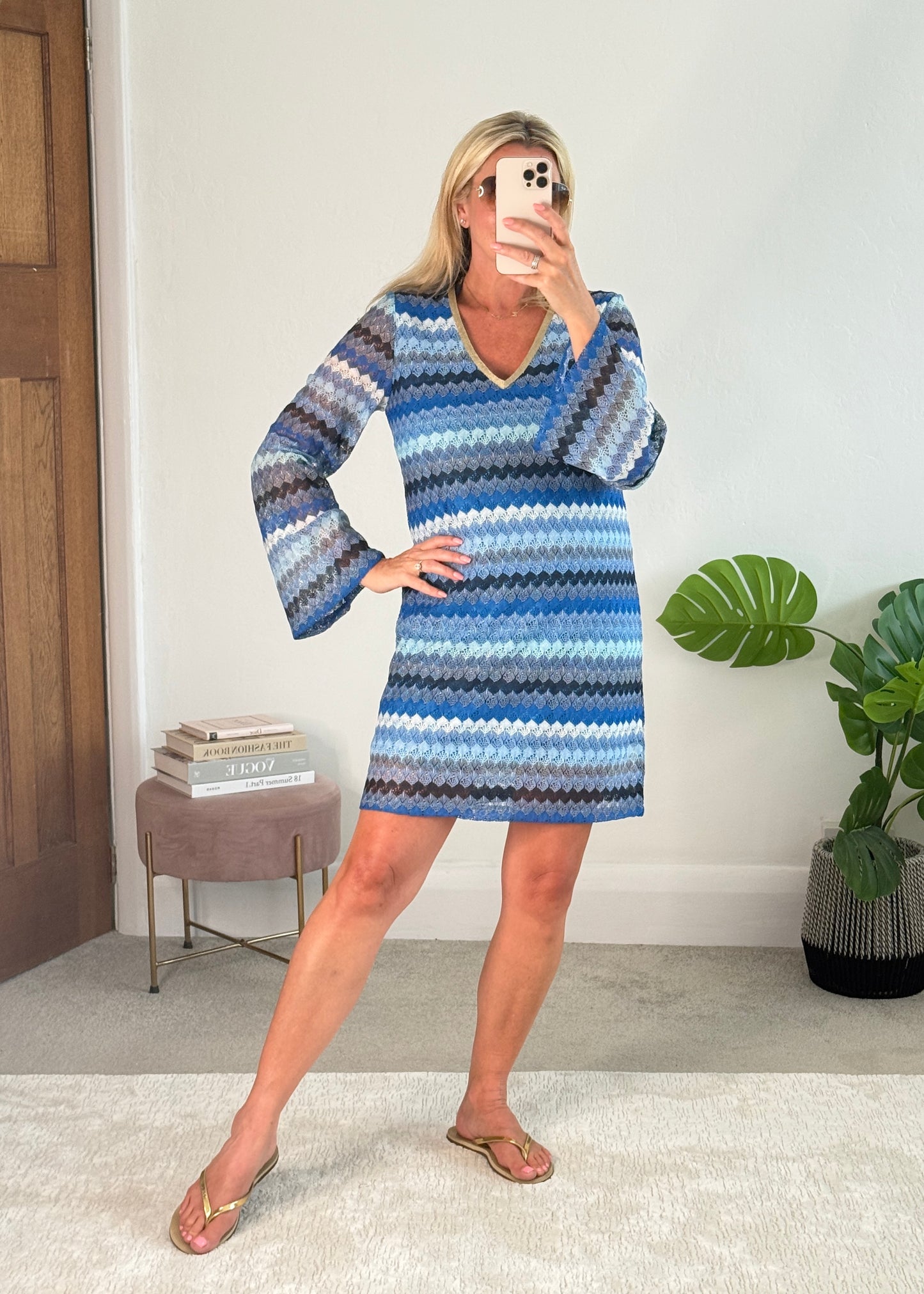 Blue Wavy Crochet Shift Dress