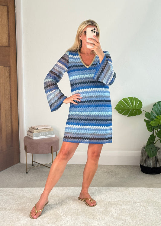 Blue Wavy Crochet Shift Dress