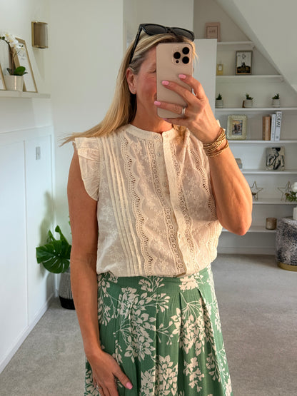 Oatmeal Frill Sleeve Lace Embroidered Blouse