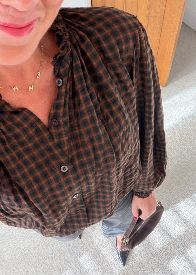 Black Heritage Check Frill Collar Blouse