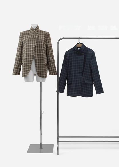 Taupe/Choc Check Asymmetric Button Blazer