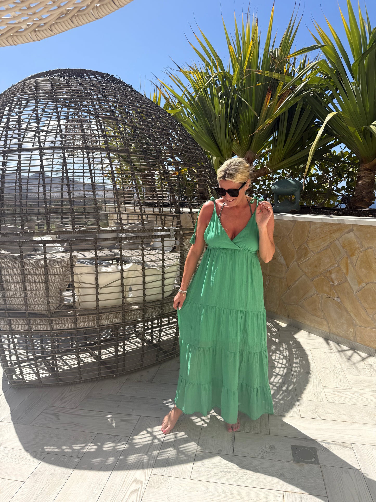 Kelly Green Tie Strap Tiered Maxi Dress