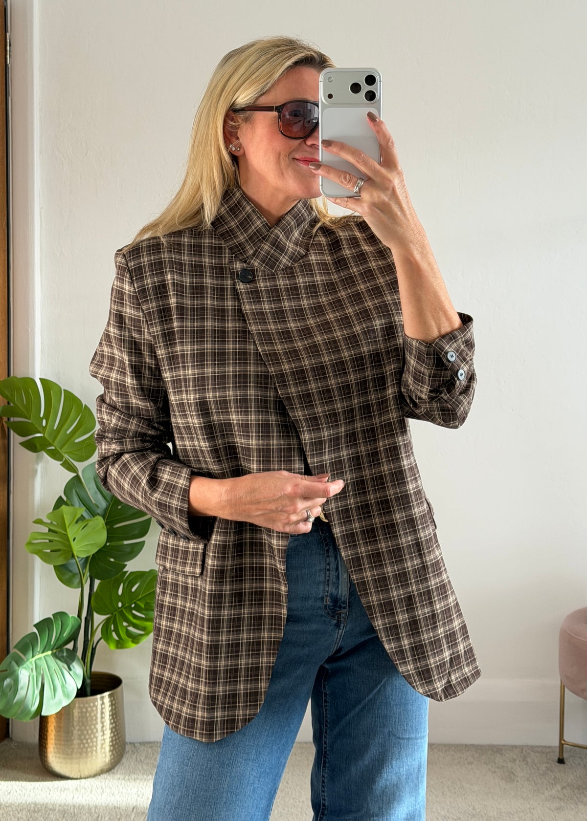 Taupe/Choc Check Asymmetric Button Blazer
