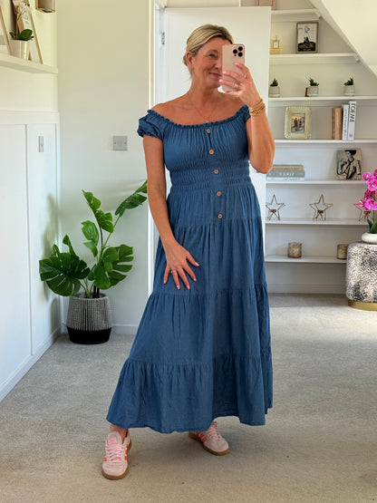 Blue Denim Bardot Tiered Maxi Dress
