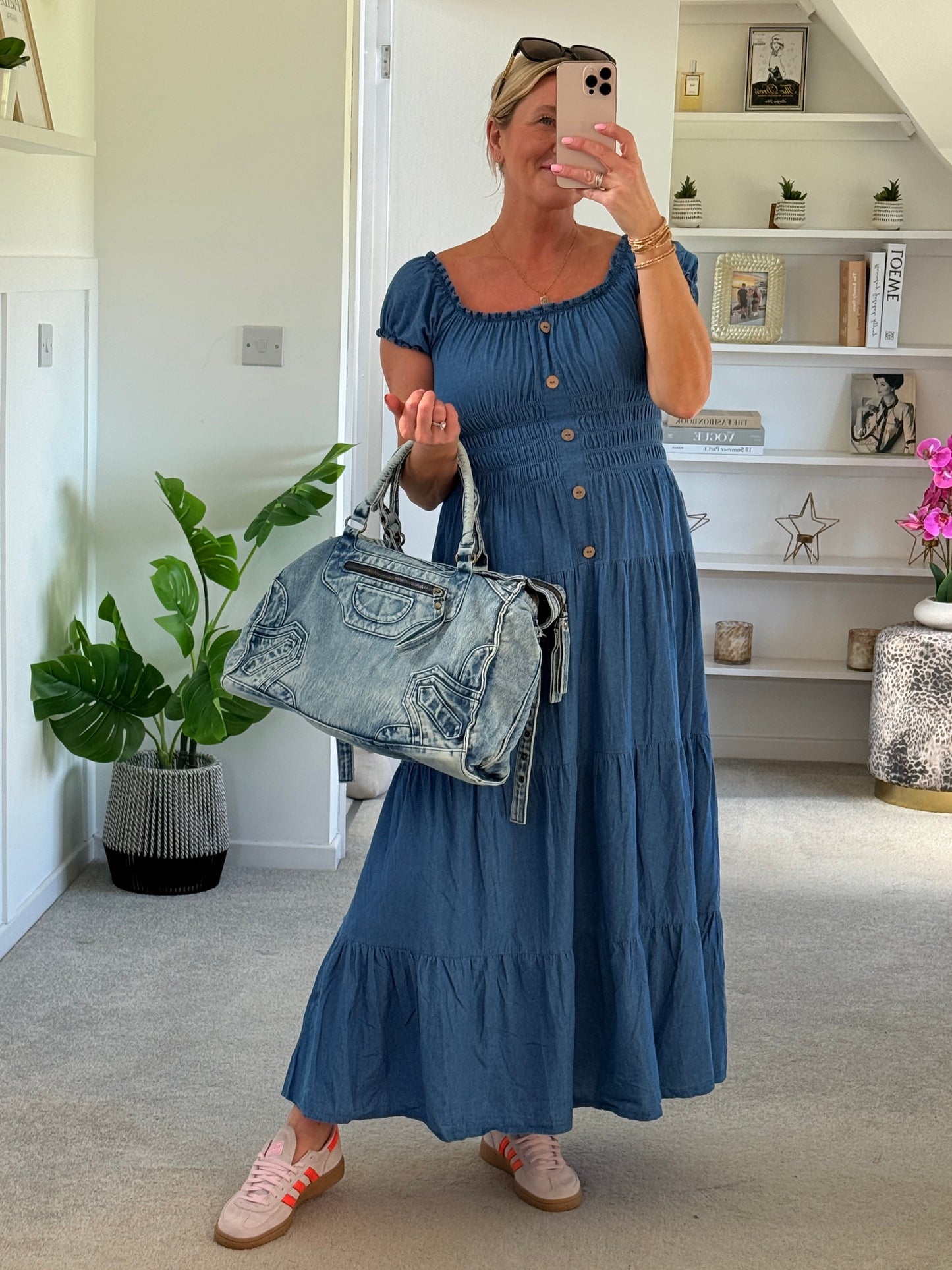 Blue Denim Bardot Tiered Maxi Dress