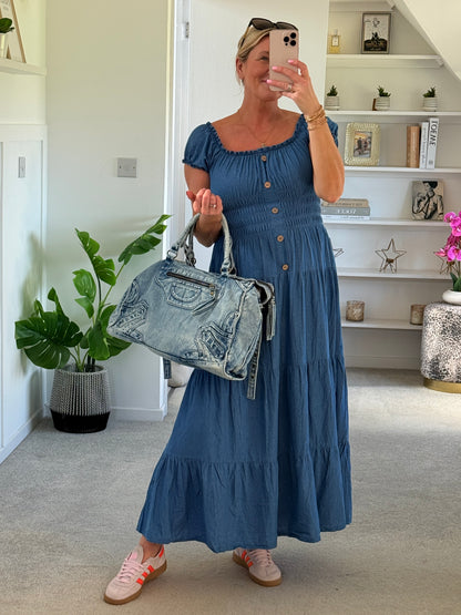 Blue Denim Bardot Tiered Maxi Dress