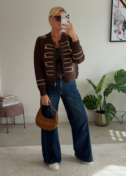 Chocolate Military Zip Front Knitted Cardi