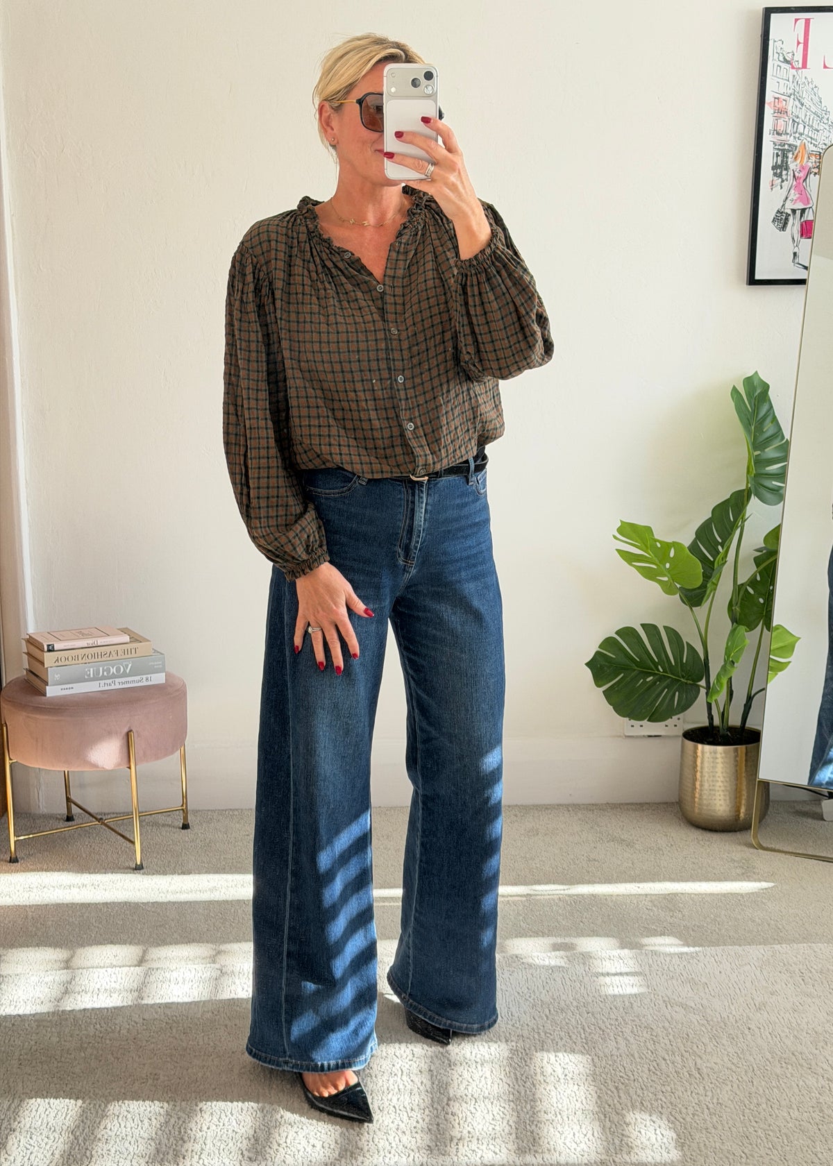 Khaki Heritage Check Frill Collar Blouse