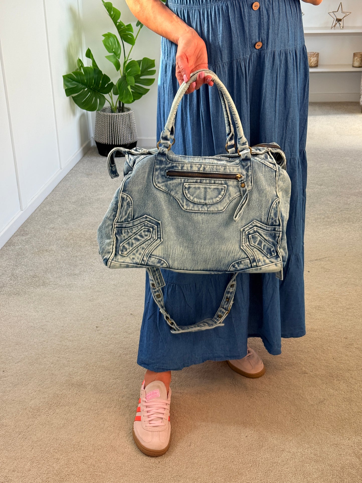 Blue Denim Bardot Tiered Maxi Dress
