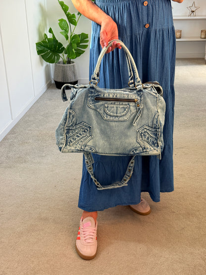 Blue Denim Bardot Tiered Maxi Dress