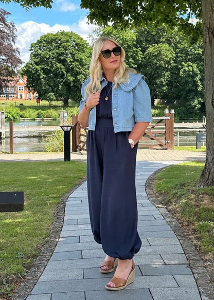 Navy Elasticated Sleeveless Harem Jumpsuit