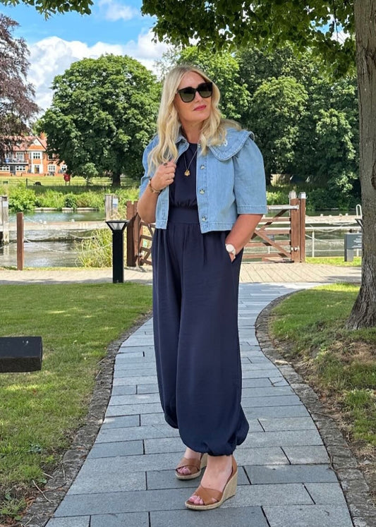 Navy Elasticated Sleeveless Harem Jumpsuit