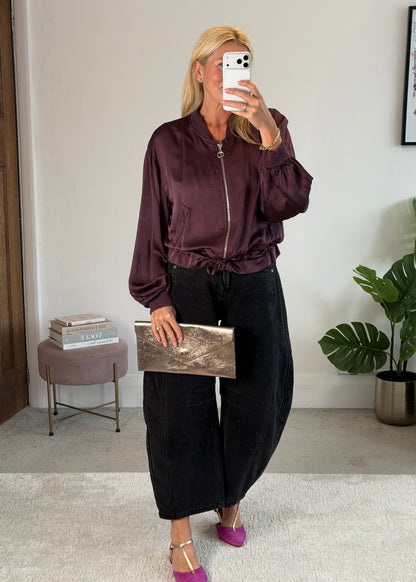 Plum Satin Drawstring Bomber Jacket