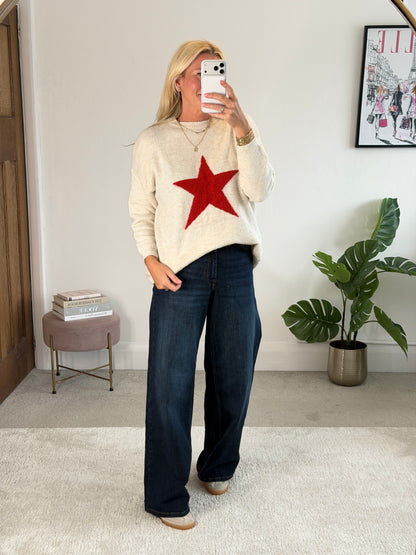 Oatmeal/Red Star Crew Neck Jumper