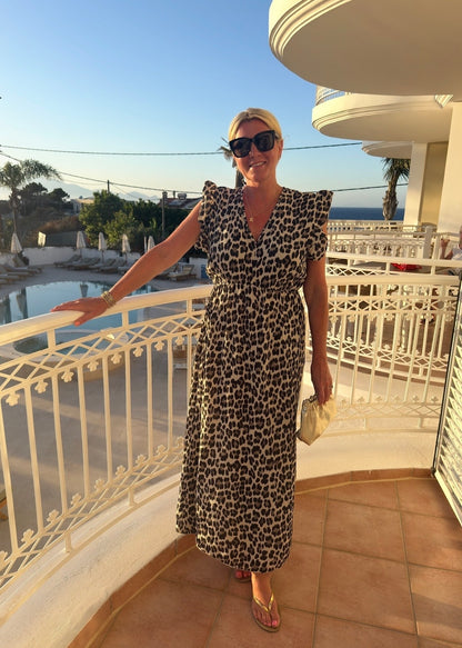 Cream Leopard Print Frill Sleeve Maxi Dress