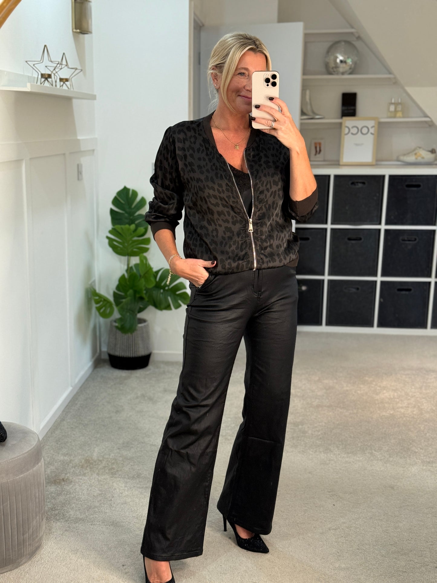 Dark Chocolate Leopard Silk Mix Bomber Jacket