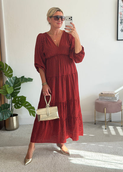 Red Heritage Check V-Neck Tiered Dress