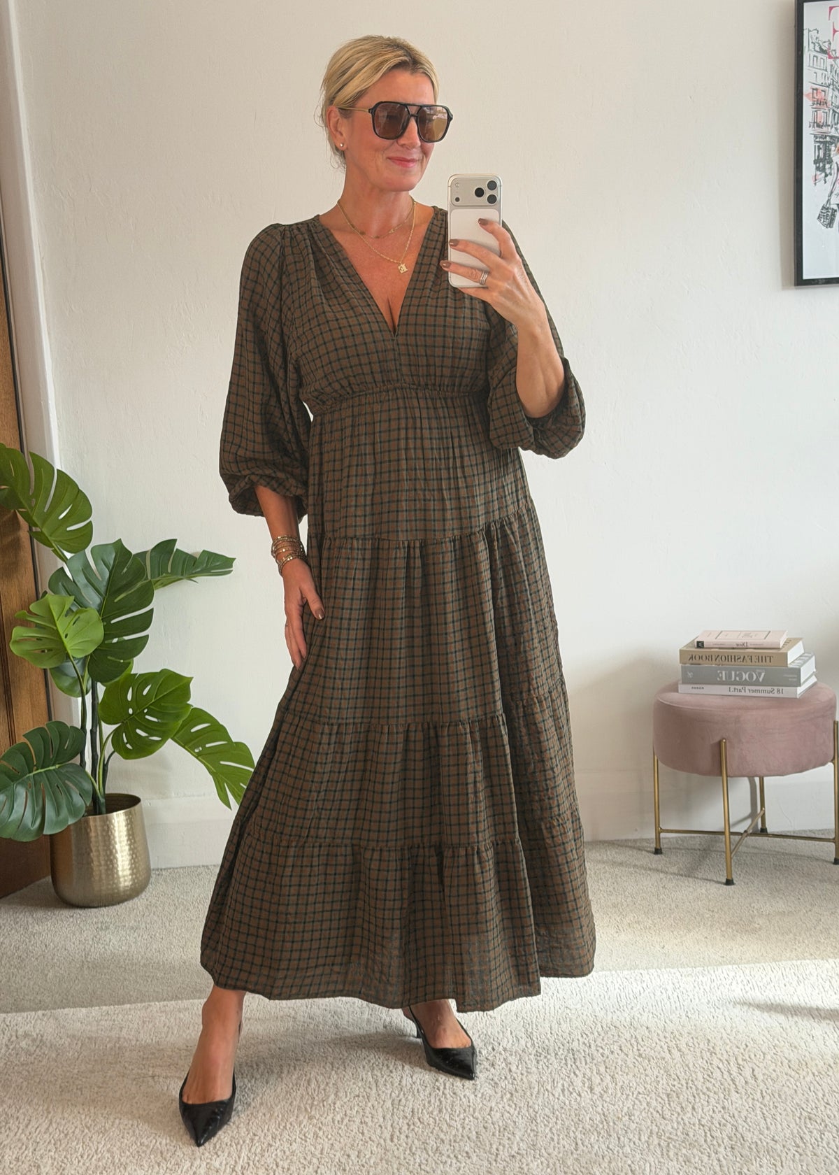 Khaki Heritage Check V-Neck Tiered Dress
