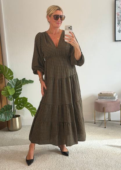 Khaki Heritage Check V-Neck Tiered Dress