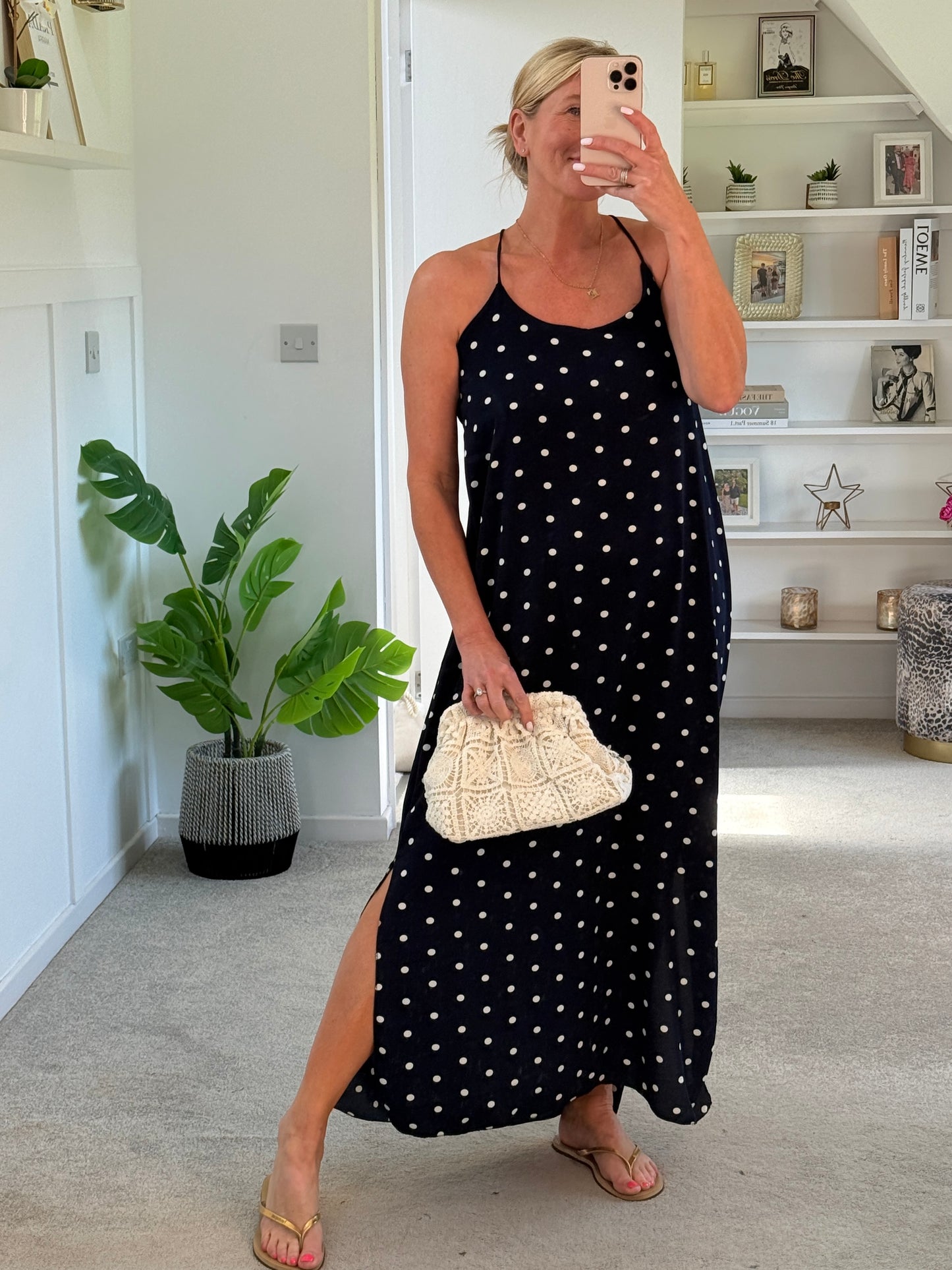Navy/White Polka Dot Strappy Maxi Dress